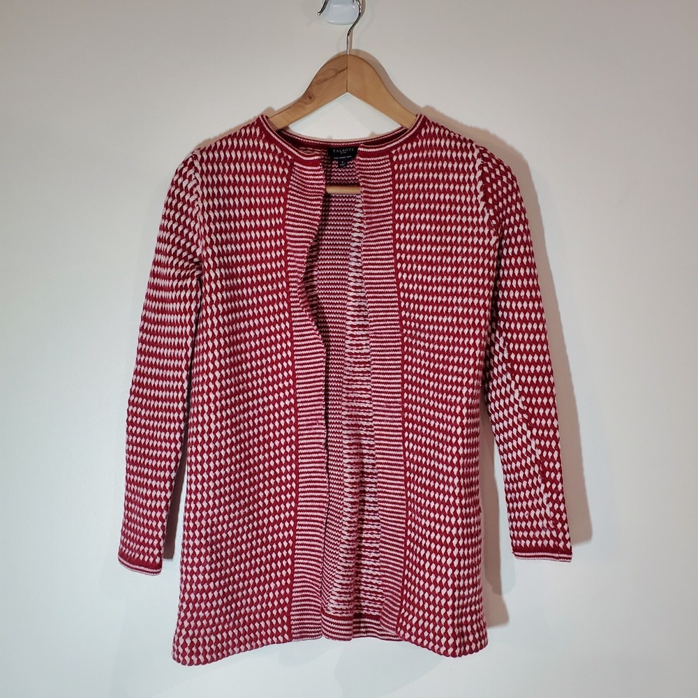Talbots Open Front Merino Wool Cardigan Sweater Red White Patterned Size PP